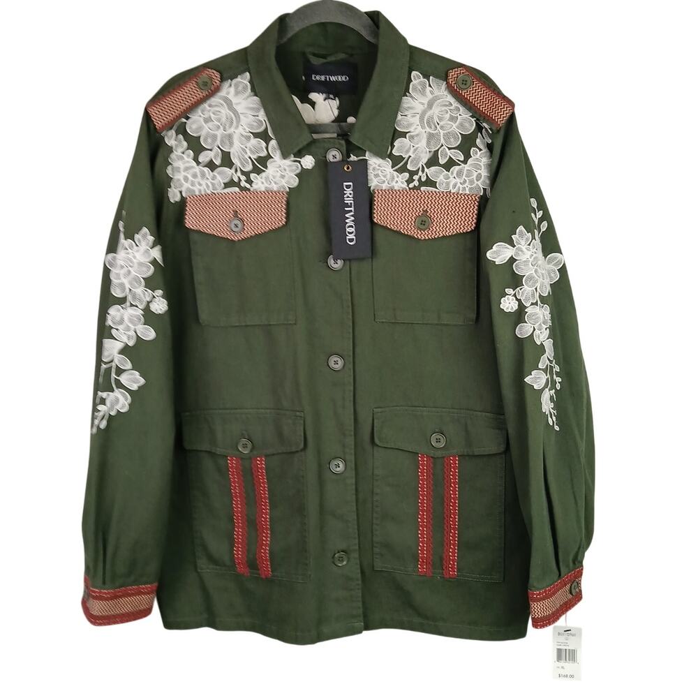 DRIFTWOOD Olive Green Utility Jacket with White Floral Embroidery
